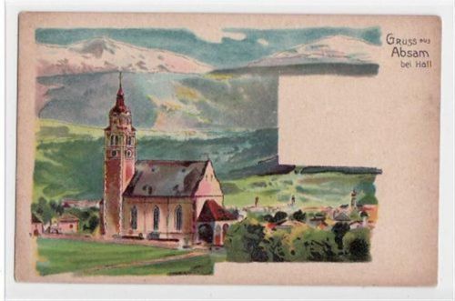 Absam bei Hall, Künstlerkarte mit Kirche. ungelaufen frühe Karte, da Anschriftseite noch ungeteilt kleiner Knick unten links, leicht fleckig, sonst gut erhalten