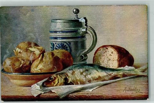 Fisch Brot Kartoffeln Bierkrug AK