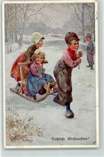 1913 sign. R. A. Höger Weihnachten Stuhlschlitten Holzschuhe Hollandkinder AK