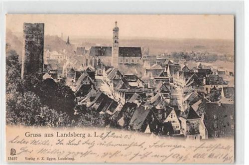 Landsberg am Lech. Gesamtansicht mit Kirche gelaufen. Gute Erhaltung.