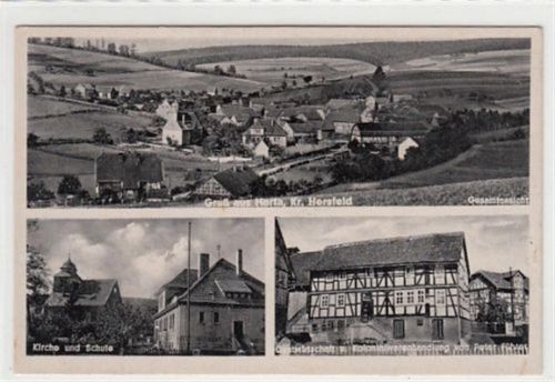 Herfa, Kreis Bad Hersfeld. Gesamtansicht Kirche und Schule Gastwirtschaft und Kolonialwarenhandlung von Peter Führer ungelaufen Gute Erhaltung.