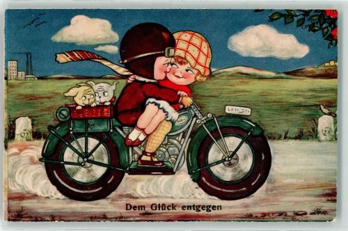 1942 Kinderpoesie , mit dem Motorrad dem Glück entgegen AK