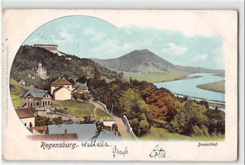 Regensburg, Lithographie. Walhalla Donaustauf gelaufen. Ecken mit Albumabdrücken, leichte Eckabschürfungen, sonst gut erhalten