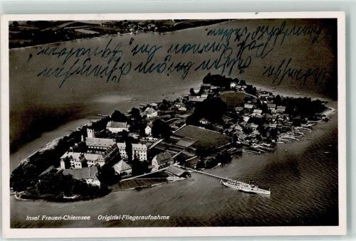 Chiemsee Fliegeraufnahme Insel Frauen Schiff Abtei Stempel
