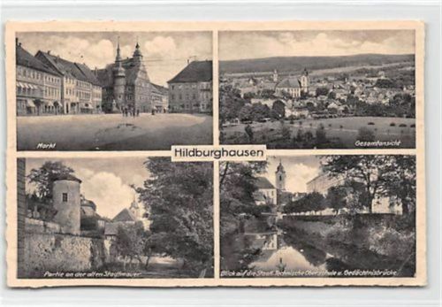 Hildburghausen Hildburghausen mit Markt und Partie an der Stadtmauer gelaufen. Leicht fleckig, kleiner Knick unten rechts, sonst gut erhalten