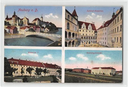 Neuburg an der Donau mit Kaserne und Militärgebäude. Feldpost kleiner Knick oben in der Mitte und unten rechts, Vorder- und Rückseite leicht fleckig, sonst gut erhalten