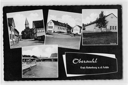 Obersuhl mit Schule und Dorfgemeinschaftshaus gelaufen. Ecken mit Albumabdrücken, leichter Stempeldurchdruck, sonst gut erhalten