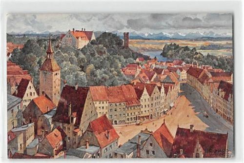 Künstlerkarte Landsberg am Lech aus der Vogelschau ungelaufen Gute Erhaltung.