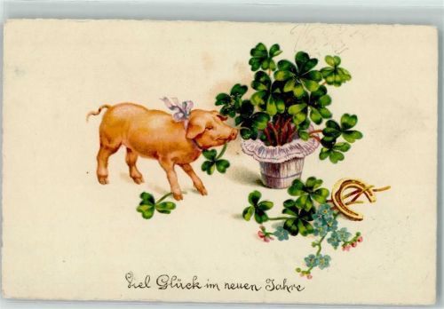 1929 Neujahr Hufeisen Blumentopf mit Glücksklee AK
