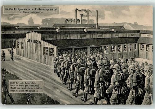 WK I Feldgrauen in der Entlausungsanstalt Nr. 1 Einzug