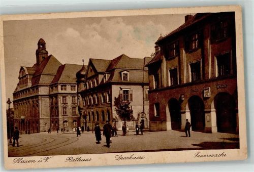 Plauen 1928 Rathaus Sparkasse Feuerwache AK