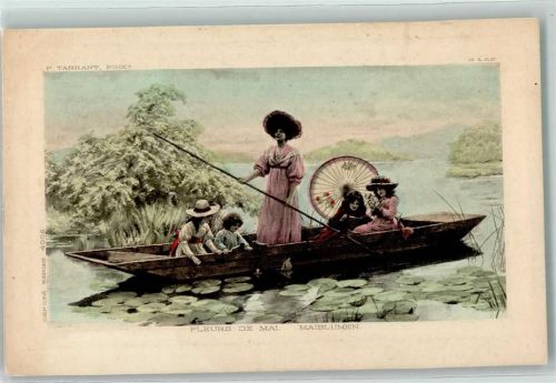 sign. P. Tarrant Maiblumen Passepartout Ruderboot mit Frauen AK