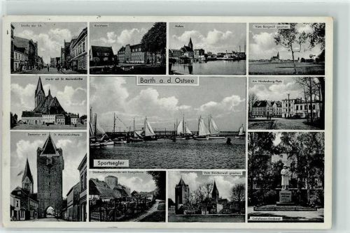 Barth Straße der Sachsen Kreishaus Hafen vom Borgwall gesehen Markt mit St. Marienkirche Sportsegler Hindenburg Platz Dammtor mit St. Marienkirchenturm Fangelturm vom Bleicherwall gesehen Gefallenen Denkmal