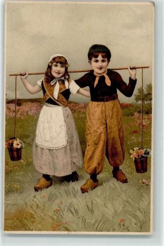 1907 Hollandkinder Meissner u. Buch Serie 1437 Wasserträger mit Blumen Holzschuhe AK e3