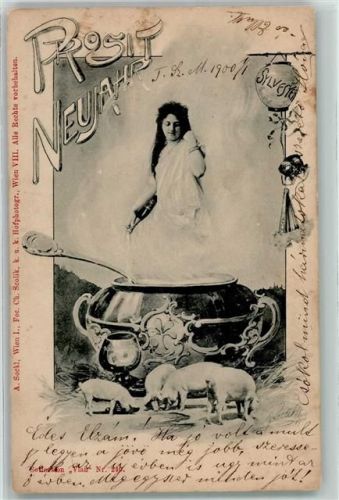 1899 Verlag A. Sockl Wien Ch. Scolik Hofphotograph Neujahr aus dem Bowleglas steigt eine Frau empor, Schwein - Collection Vlan Nr. 240 Jugendstil