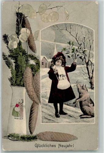 1908 Neujahr Tannenzapfen Schwein Mädchen Verlag B.K.W. I Gebr. Kohn Serie 2670-4 AK