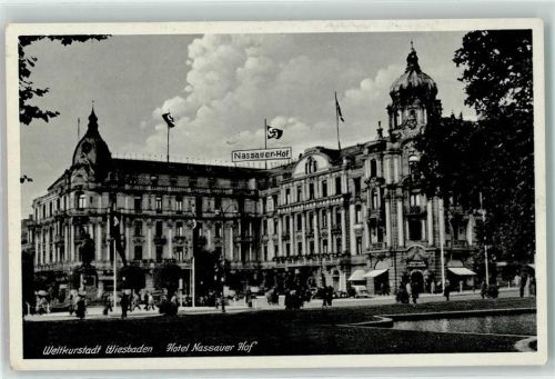 Wiesbaden 1939 Hotel Nassauer Hof mit HK Fahnen AK