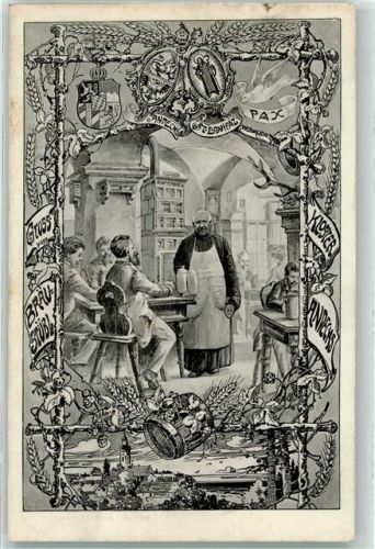 Andechs 1912 Gasthaus Klosterbrauerei St. Bonifaz Mönch Kachelofen Wappen