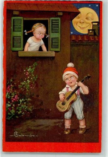 Kinderpoesie Laute unter dem Fenster spielen , Mond vermenschlicht AK Colombo