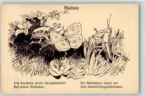 Hernach Maitanz Heuschrecke Schmetterling Spruch sign.W.Busch Busch Wilhelm Künstlerkarte