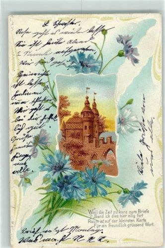 1908 Prägedruck Blumen Passepartout Gedicht Burg