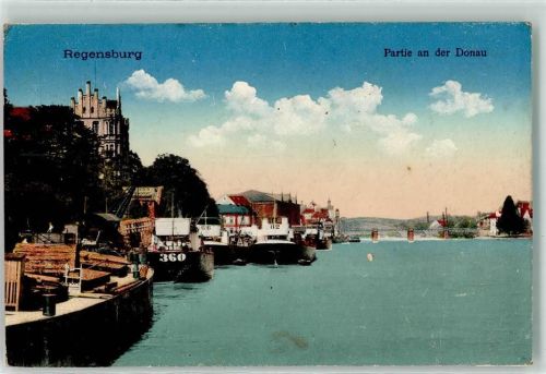 Regensburg 1915 Donau Hafen Frachtschiffe Donaubrücke