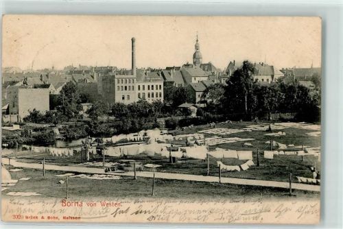 Borna 1908 Kirche Fabrik Schornstein Leine Wäsche