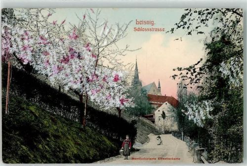 Leisnig 1908 Schlossstraße Baum Blüten Kirche Mädchen