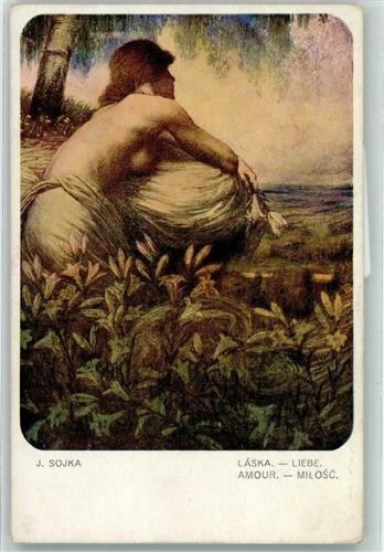1915 sign. J. Sojka - Amour , halbnackte Frau