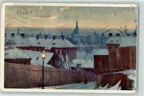 Plzen 1917 Kirche Winter Schnee Laterne sign.