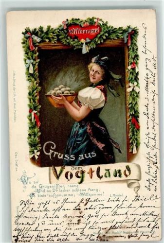 1899 Gruss aus dem Vogtland - Tracht Knödel Vers im Dialekt