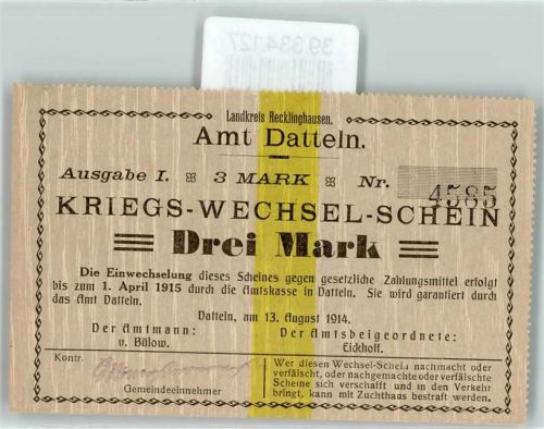 Datteln Notgeld Kriegs-Wechsel-Schein Drei Mark Ausgabe 1