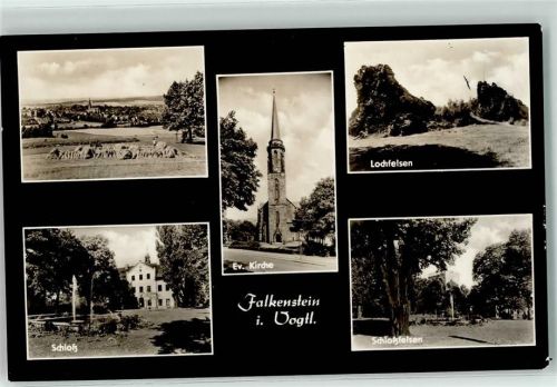 08223 O9704 Falkenstein , Vogtl - Schloß Park Springbrunnen Ev. Kirche Lochfelsen Schloßfelsen