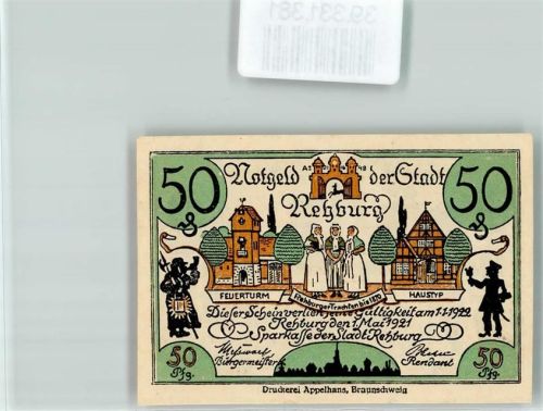 31547 W3056 Rehburg-Loccum Geldschein Notgeld 50 Pfennig Feuerturm Tracht Scherenschnitt