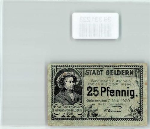 Geldern Notgeld 25 Pfennig Wappen Löwe Blumen Türme Herzog Carl von Egmond