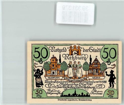 Rehburg-Loccum Notgeld 50 Pfennig Feuerturm Tracht Scherenschnitt