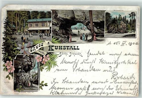 Bad Schandau 1900 Gruss vom Kuhstall Gasthaus Krumme Karoline Blumen Lithographie