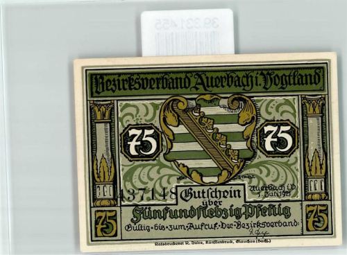 Auerbach Notgeld Gutschein 75 Pfennig Scherenschnitt