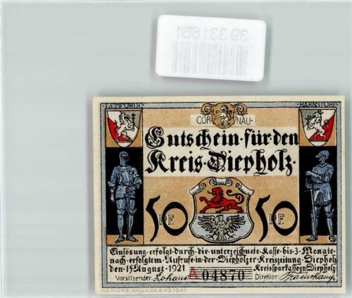 Lemförde Notgeld Gutschein 50 Pfennig Ritterrüstungen Wappen