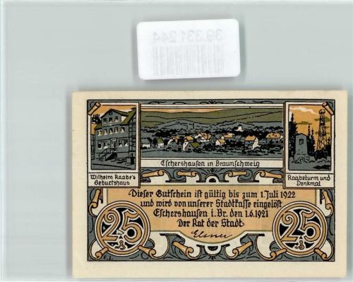 Eschershausen Notgeld 25 Pfennig Wilhelm Raabe Geburtshaus Raabeturm Denkmal Nach dem großen Kriege Berge Engel Kreuz Rabe