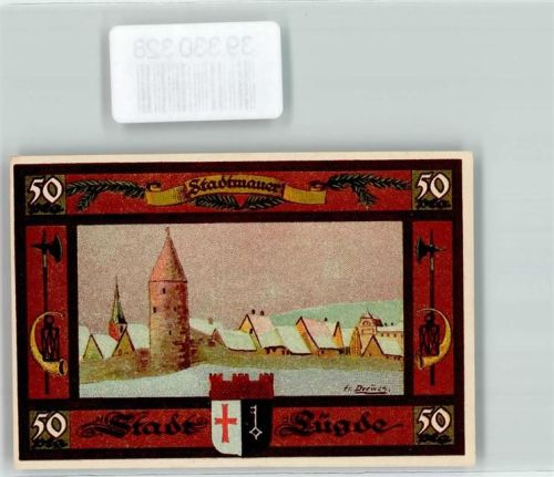 Lügde 1921 Notgeld Stadt Lügde 50 Pfennig Nr. 020000 Stadtmauer