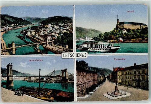 Decin Schloss Kettenbrücke Schulplatz Raddampfer Fahne Schwarz-Weiß-Rot Denkmal