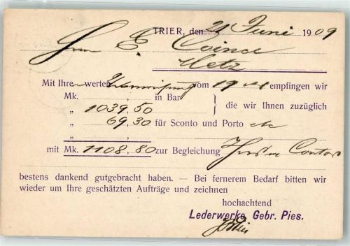 Trier 1909 Lederwerke Gebr. Pies Gutschrift Postkarte