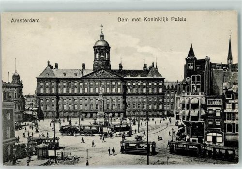 Amsterdam 1913 Dam met Koninklijk Paleis Tram Straßenbahn Säule