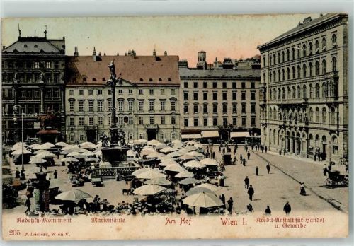 Wien 1912 Radetzky Monument Mariensäule am Hof Kredit Anstalt für Handel u. Gewerbe Marktszene Litfaßsäule