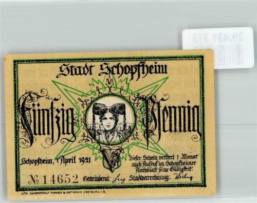 Schopfheim 1921 Fünfzig Pfennig Nr.14652 Tracht Das Habermuß Gedicht Johann Peter Hebel