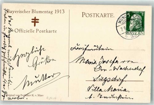W8000 München Bayerischer Blumentag 1913 sign K. v. Marr Privatganzsache Künstlerkarte