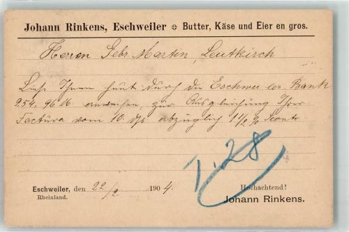 Eschweiler 1904 Käsehandlung Rinkens Postkarte