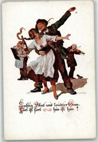 Deutscher Schulverein Nr.1328 Paar Tracht Wein Geige Spruch