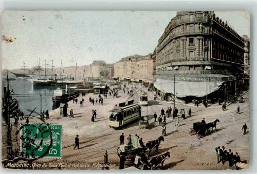 Marseille 1908 Quai du Vieux Port et Rue de la Republique Straßenbahn Dampfer Segelschiff